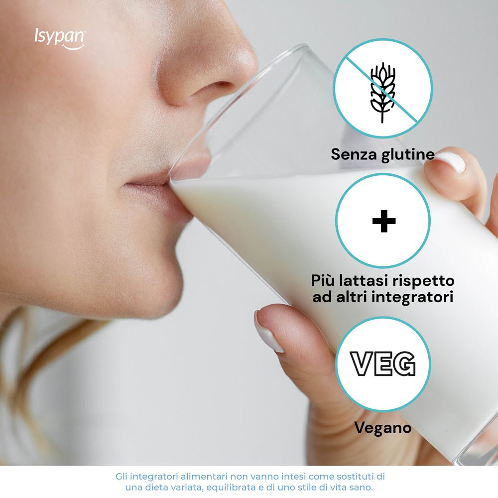 Frau trinkt Milch. Symbole: Glutenfrei, plus, Vegan. Text: Più lattasi.