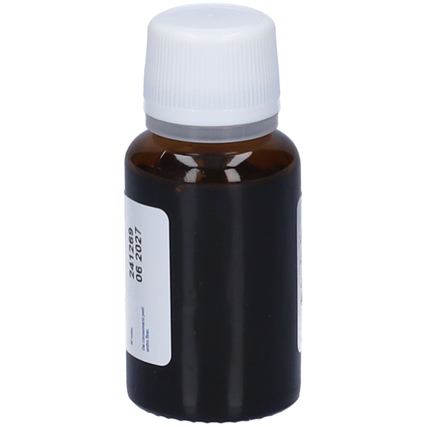 Braune Glasflasche mit weißem Deckel. Etikett mit Text und Verfallsdatum. Flüssigkeit sichtbar.