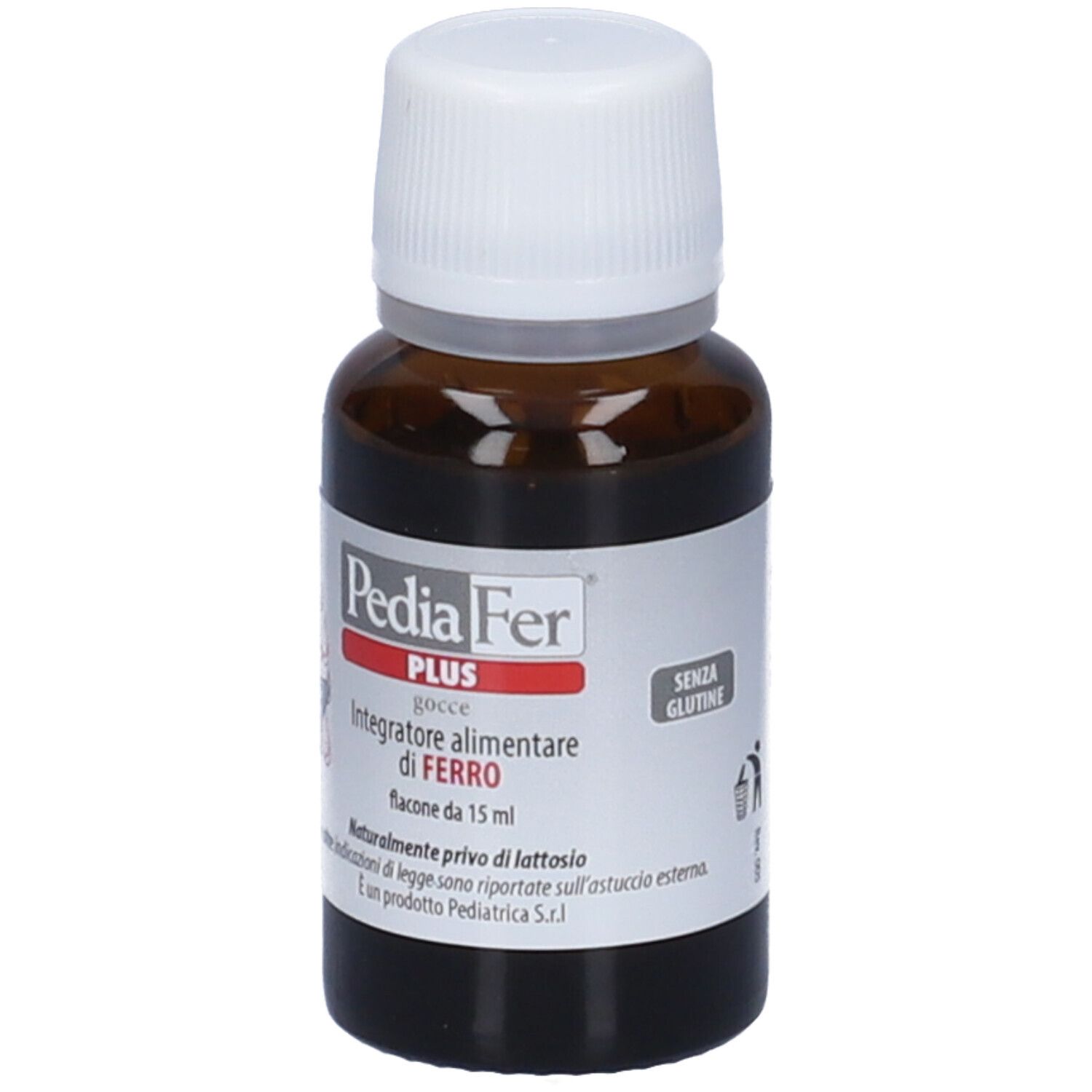 Braune Glasflasche mit weißem Deckel. Etikett mit Produktnamen und Text. Tropfen-Symbol.