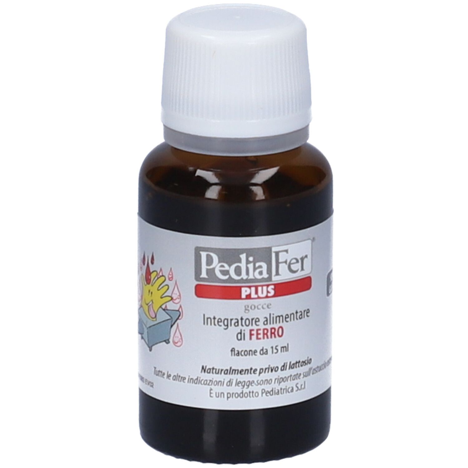 Braune Glasflasche mit weißem Deckel. Etikett mit Produktnamen und Text. Tropfen-Symbol.