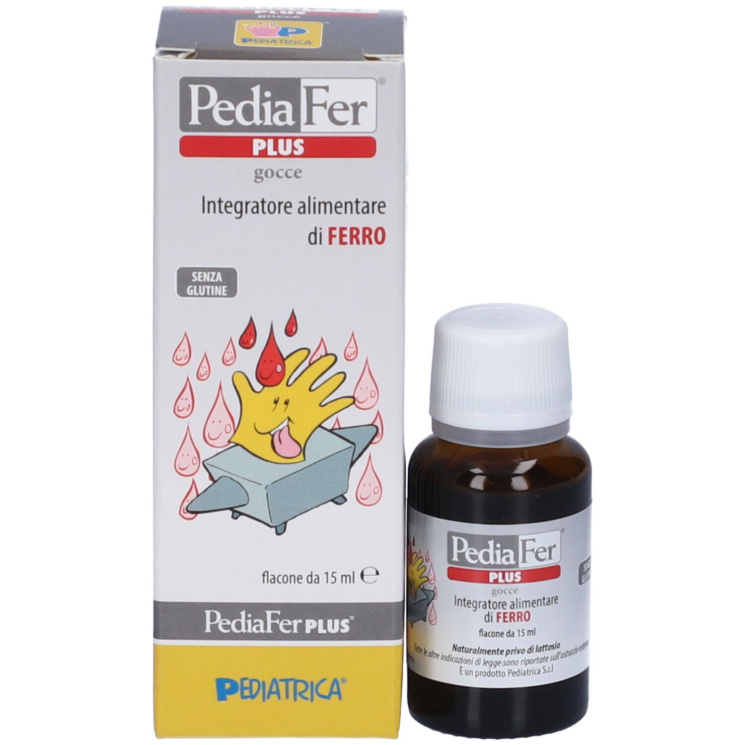 Produktflasche und Schachtel. Schachtel mit Produktnamen, Text und Abbildung. Flasche mit weißem Deckel.