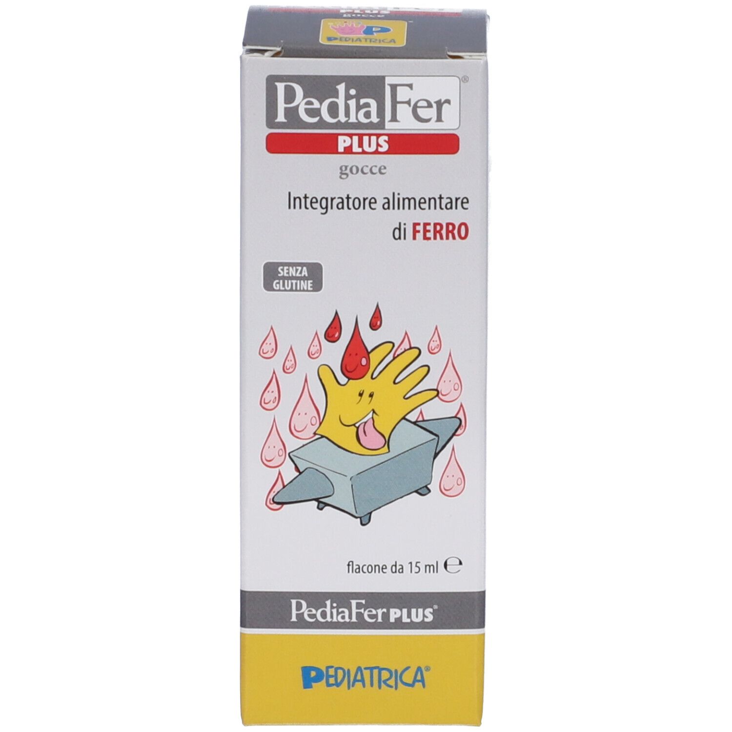 Produktverpackung. Schachtel mit Produktnamen, Text und Abbildung. Gelber Hintergrund.