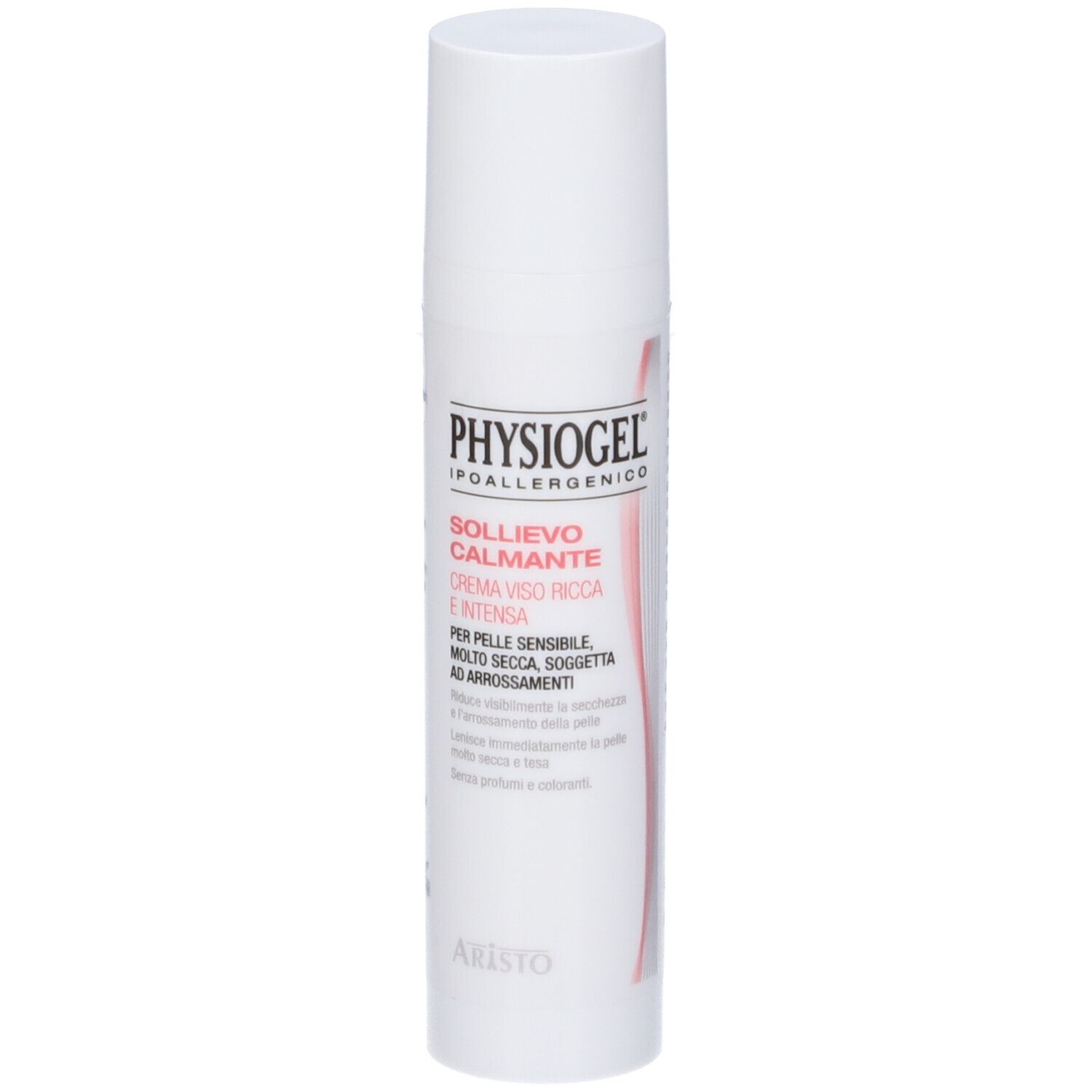 Flacon blanc PHYSIOGEL. Texte: Sollievo Calmante Crema Viso Ricca E Intensa. Pour peaux sensibles.