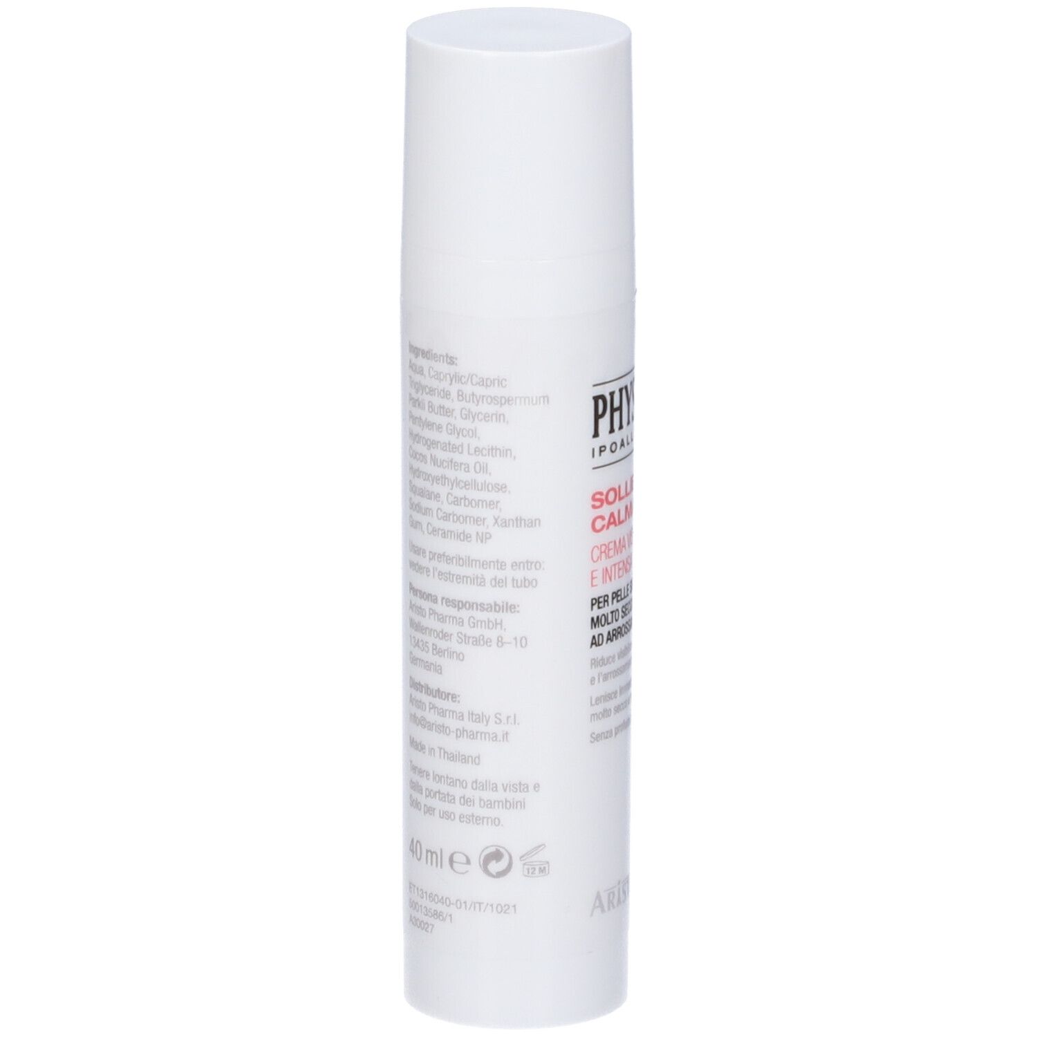 Flacon blanc avec ingrédients et texte. PHYSIOGEL. Sollievo Calmante Crema Viso Ricca E Intensa.