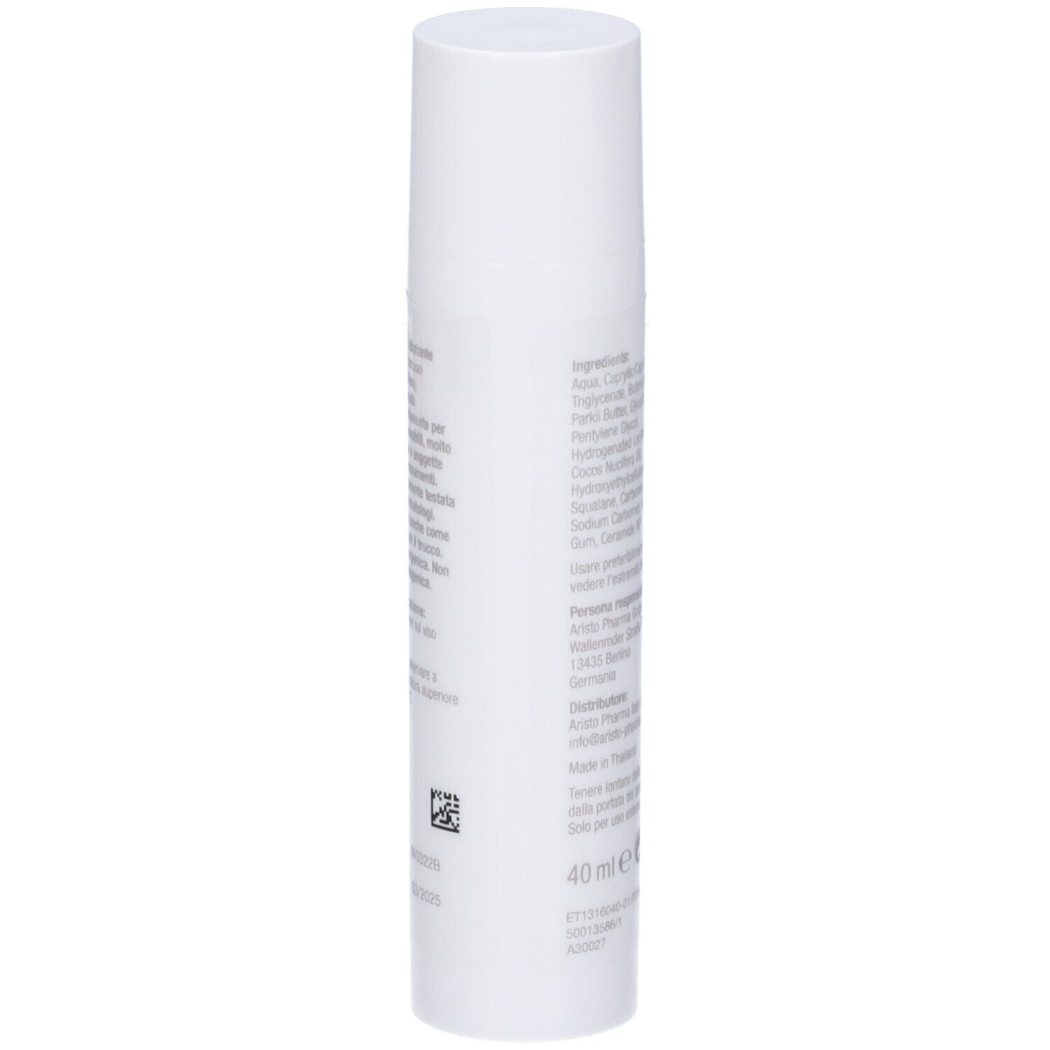 Flacon blanc avec ingrédients et texte. PHYSIOGEL. Sollievo Calmante Crema Viso Ricca E Intensa.
