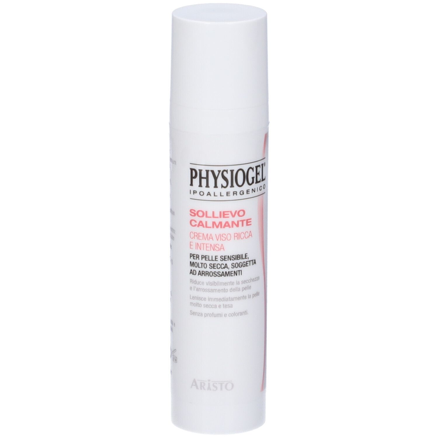 Flacon blanc PHYSIOGEL. Texte: Sollievo Calmante Crema Viso Ricca E Intensa. Pour peaux sensibles.