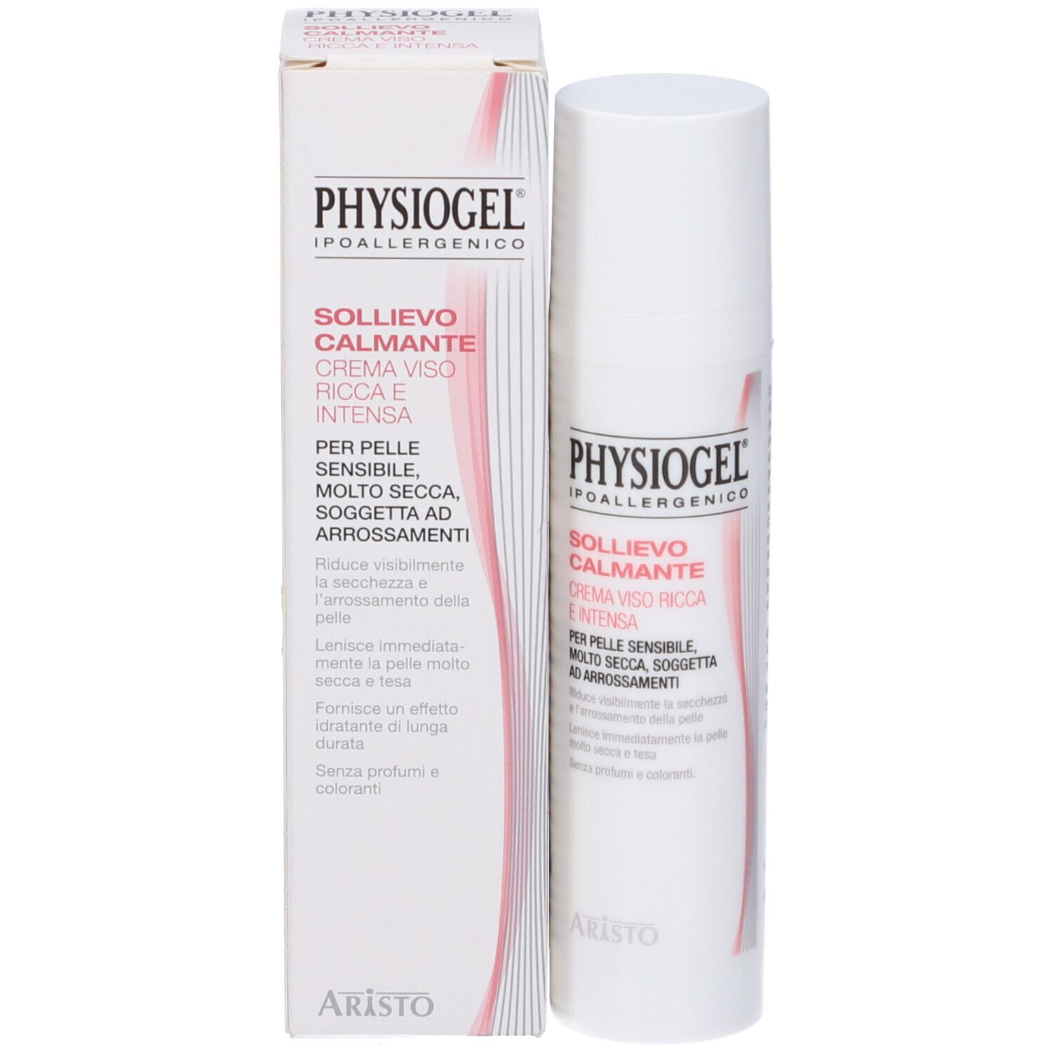 Emballage produit avec flacon. PHYSIOGEL. Sollievo Calmante Crema Viso Ricca E Intensa. Pour peaux sensibles.