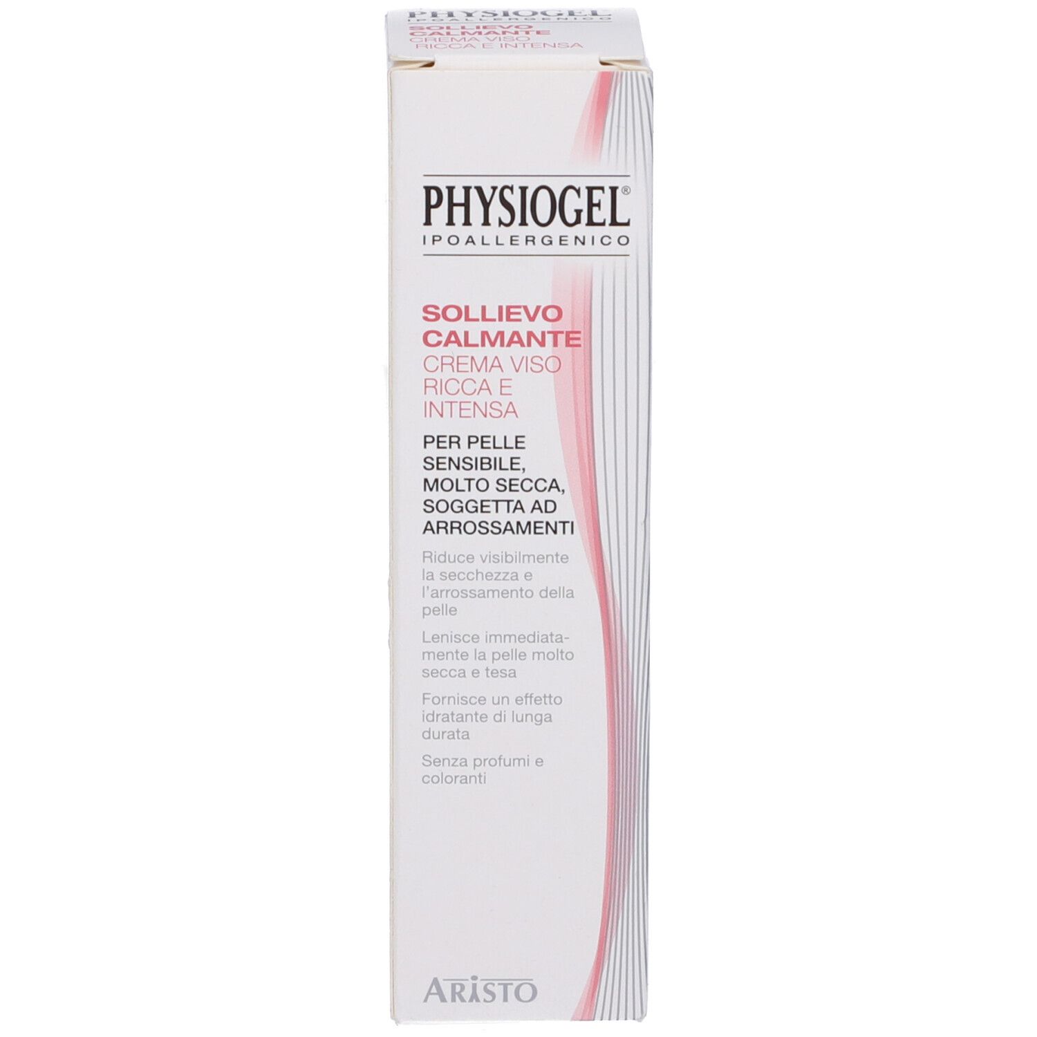 Emballage produit. PHYSIOGEL. Sollievo Calmante Crema Viso Ricca E Intensa. Pour peaux sensibles.