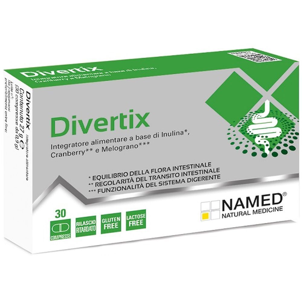 Schachtel mit "Divertix"-Tabletten. Grün-weiße Verpackung mit Produktnamen, Inhaltsstoffen und Logo "NAMED".