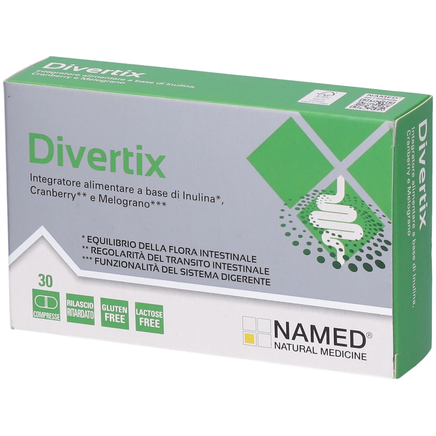 Schachtel "Divertix" mit 30 Tabletten. Grün-weiße Verpackung mit Produktnamen, Inhaltsstoffen und Logo "NAMED".