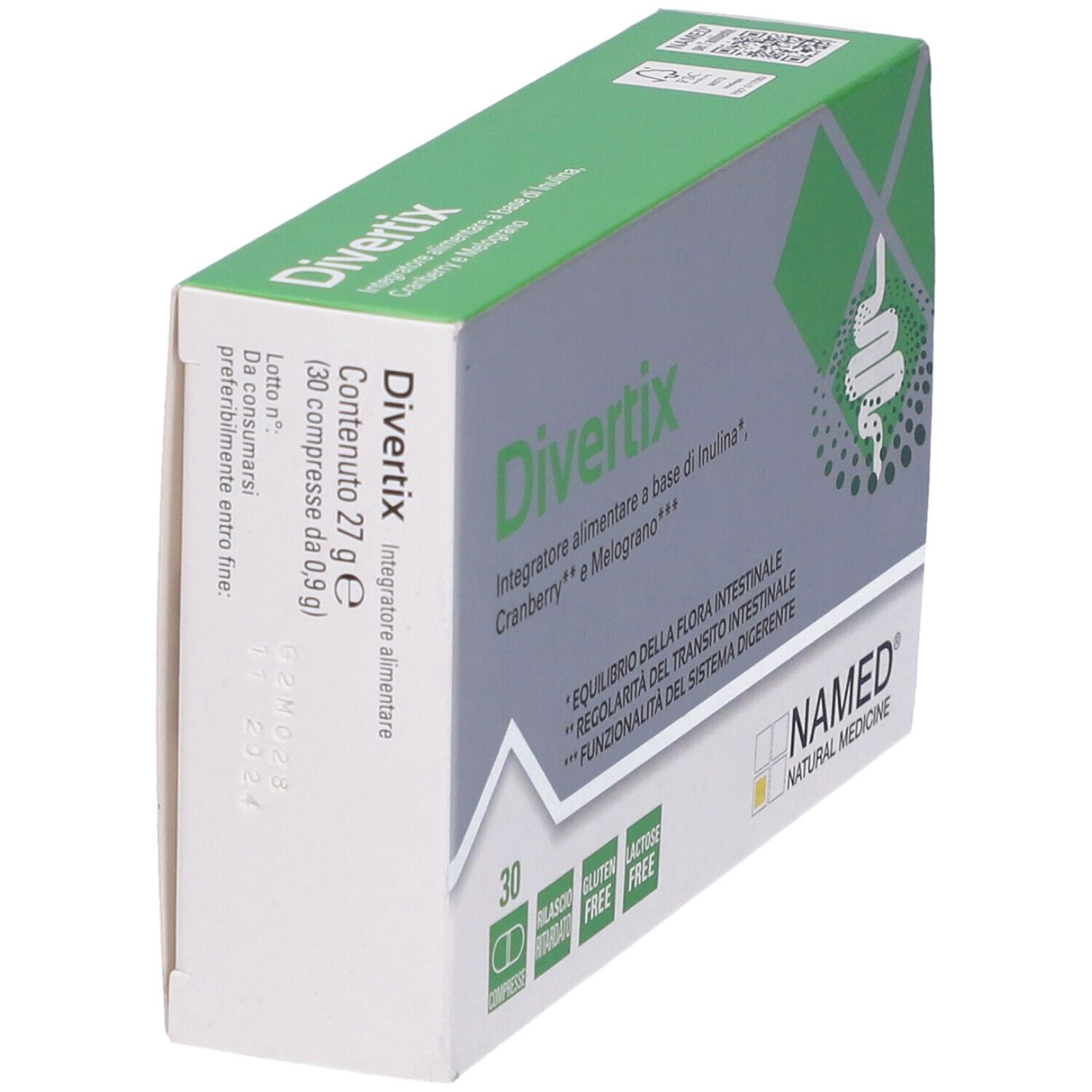 Schachtel "Divertix" mit 30 Tabletten. Grün-weiße Verpackung mit Produktnamen, Inhaltsstoffen und Logo "NAMED".