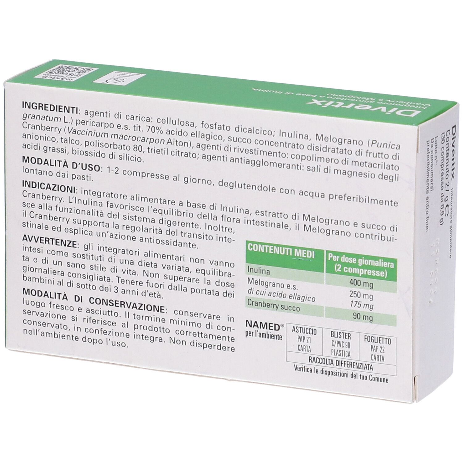 Rückseite der "Divertix"-Schachtel. Enthält Informationen zu Inhaltsstoffen, Anwendung und Hersteller "NAMED".