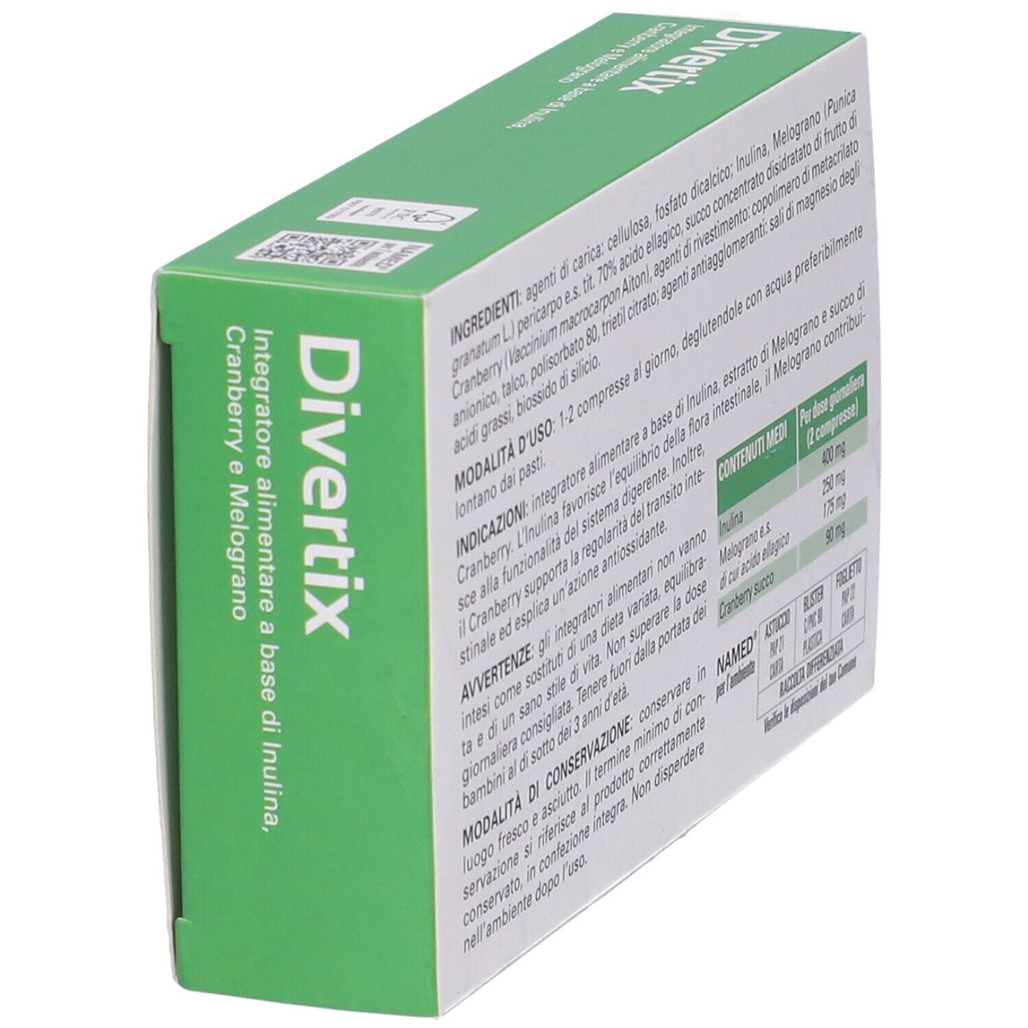 Schachtel "Divertix" mit Informationen. Enthält Inhaltsstoffe, Anwendungshinweise und Herstellerangaben.