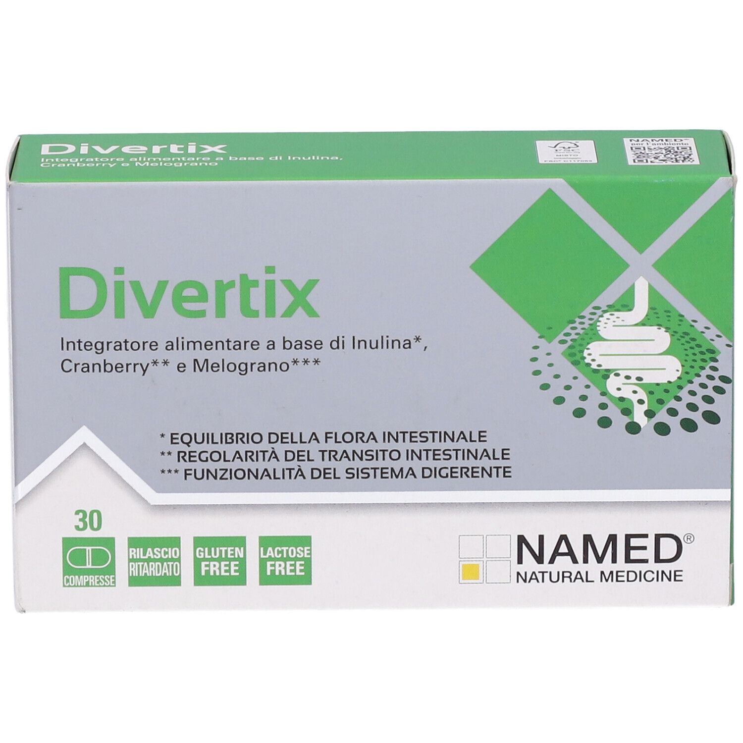 Schachtel "Divertix" mit 30 Tabletten. Grün-weiße Verpackung mit Produktnamen, Inhaltsstoffen und Logo "NAMED".