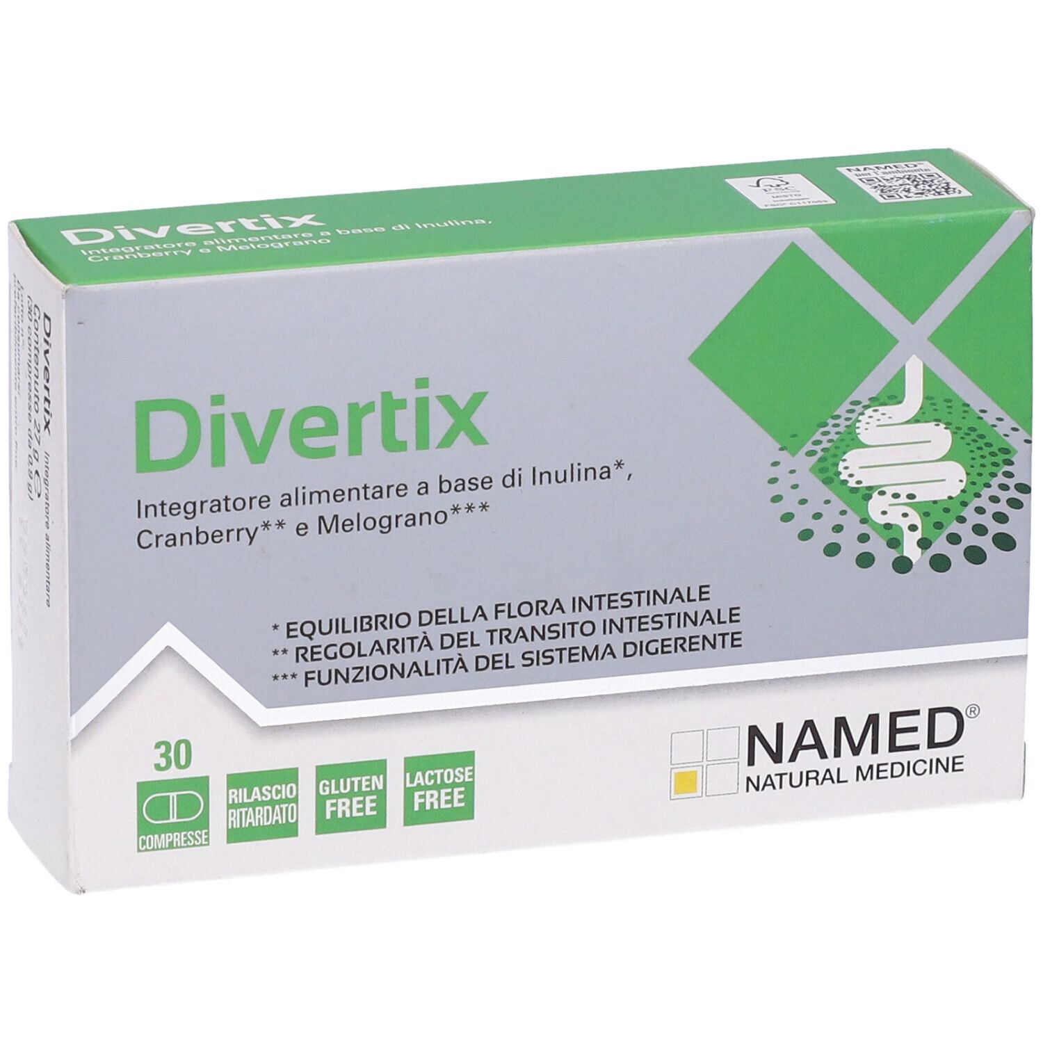 Schachtel "Divertix" mit 30 Tabletten. Grün-weiße Verpackung mit Produktnamen, Inhaltsstoffen und Logo "NAMED".