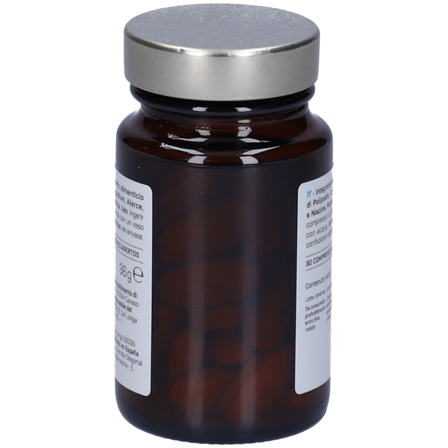 Braune Glasflasche mit silbernem Deckel. Tabletten im Inneren sichtbar. Etikett mit Text.