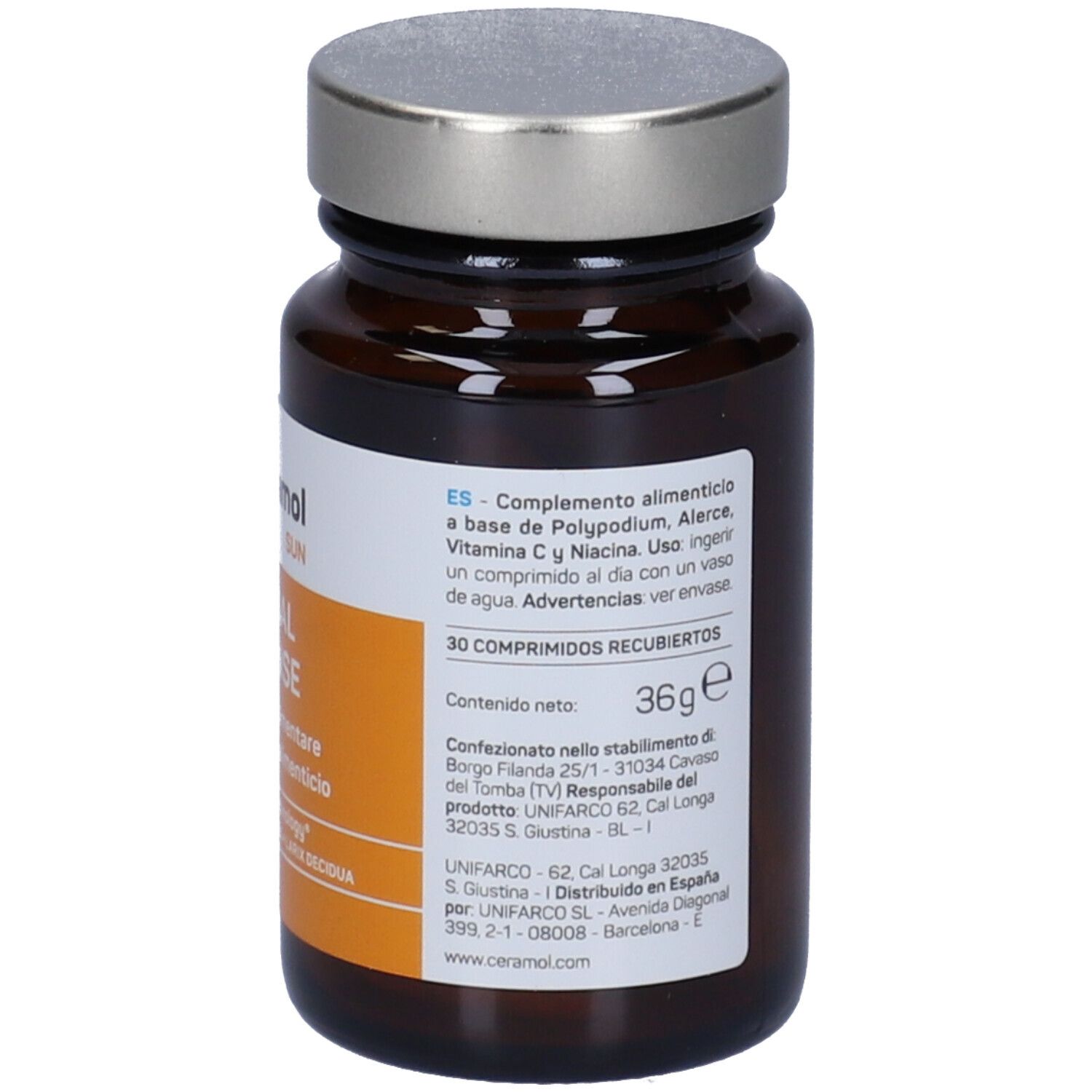Braune Glasflasche mit silbernem Deckel. Etikett mit Text und spanischen Informationen.