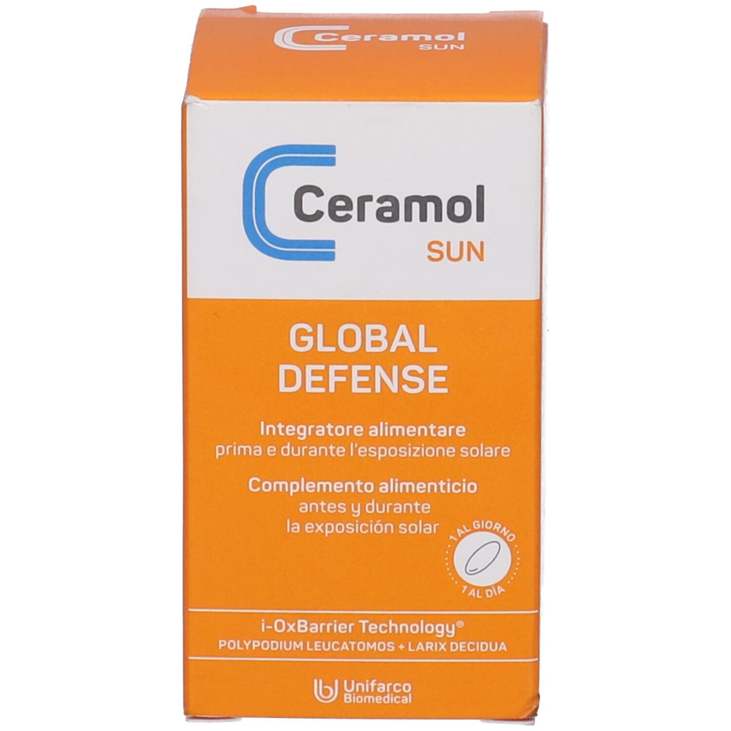 Orangefarbene Schachtel mit Text: Ceramol SUN, GLOBAL DEFENSE, Nahrungsergänzungsmittel. Logo und Informationen.