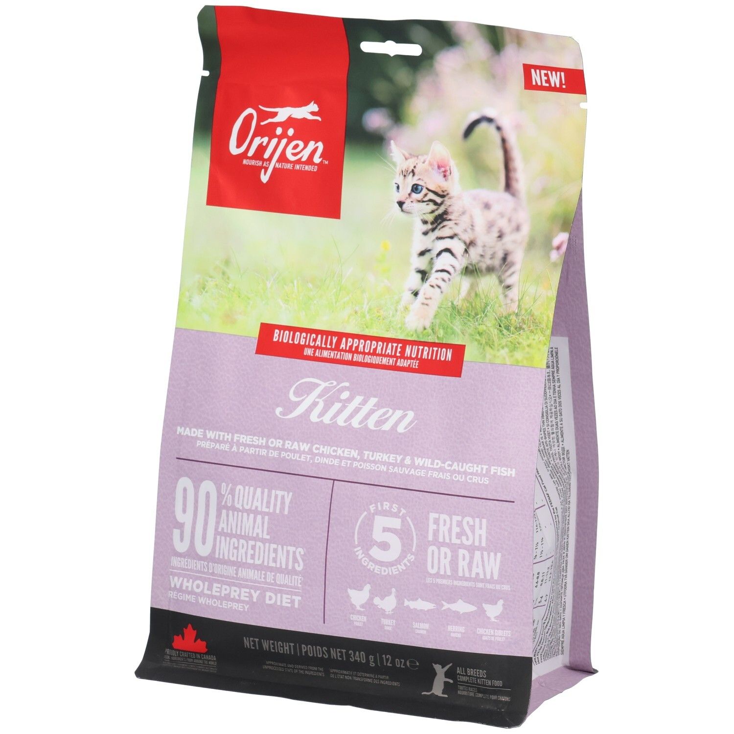 Beutel mit Katzenfutter. Oben links Logo und Produktname. Bild eines Kätzchens. Text: Kitten, 90% tierische Zutaten, 5 frische Zutaten.