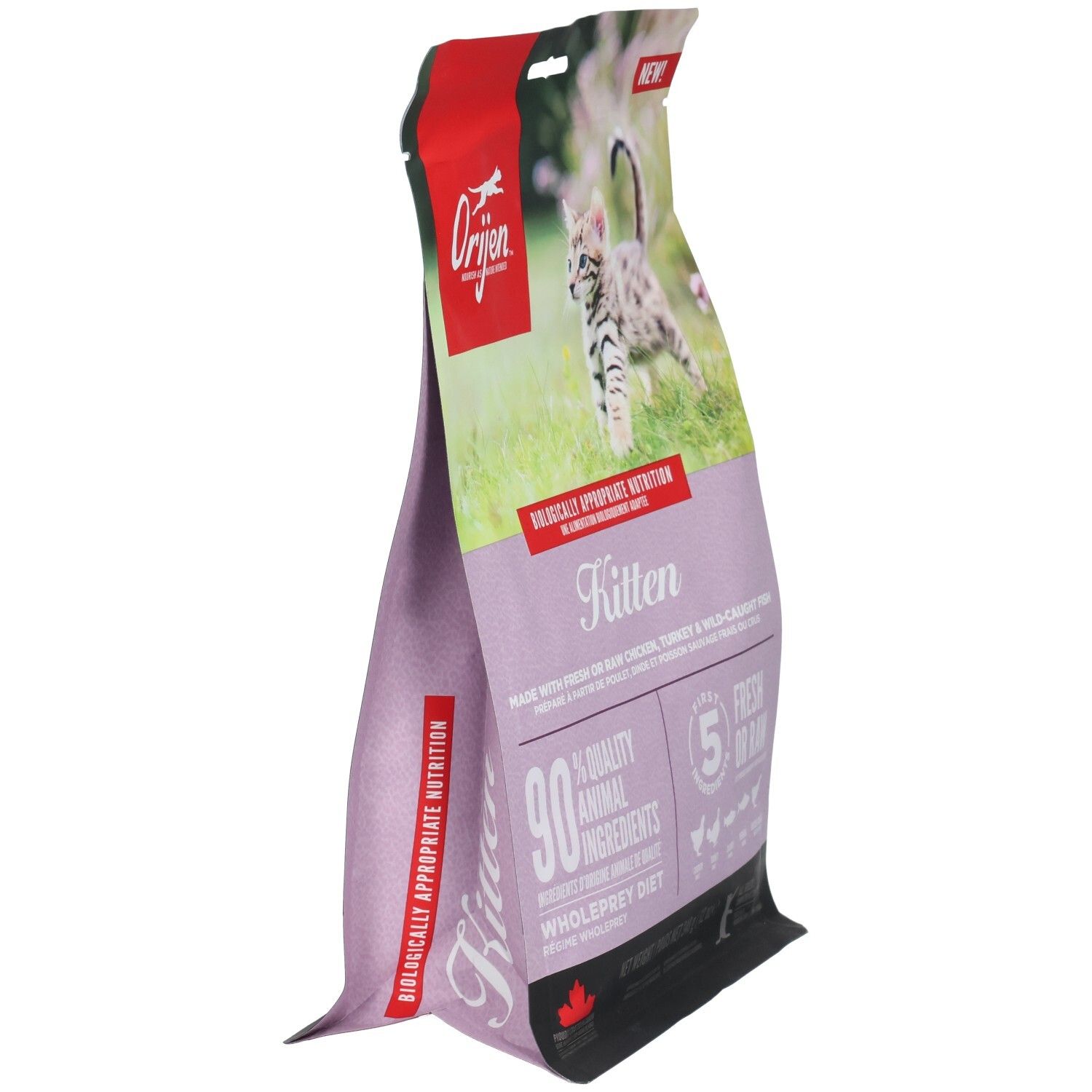 Seitenansicht des Katzenfutterbeutels. Logo und Produktname sichtbar. Text: Kitten, 90% tierische Zutaten, 5 frische Zutaten.