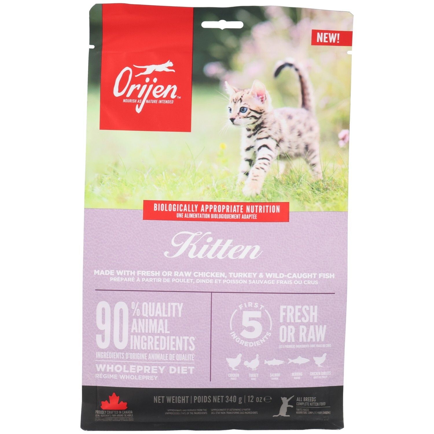 Katzenfutterbeutel. Logo und Produktname. Bild eines Kätzchens. Text: Kitten, 90% tierische Zutaten, 5 frische Zutaten. Nettogewicht 340g.