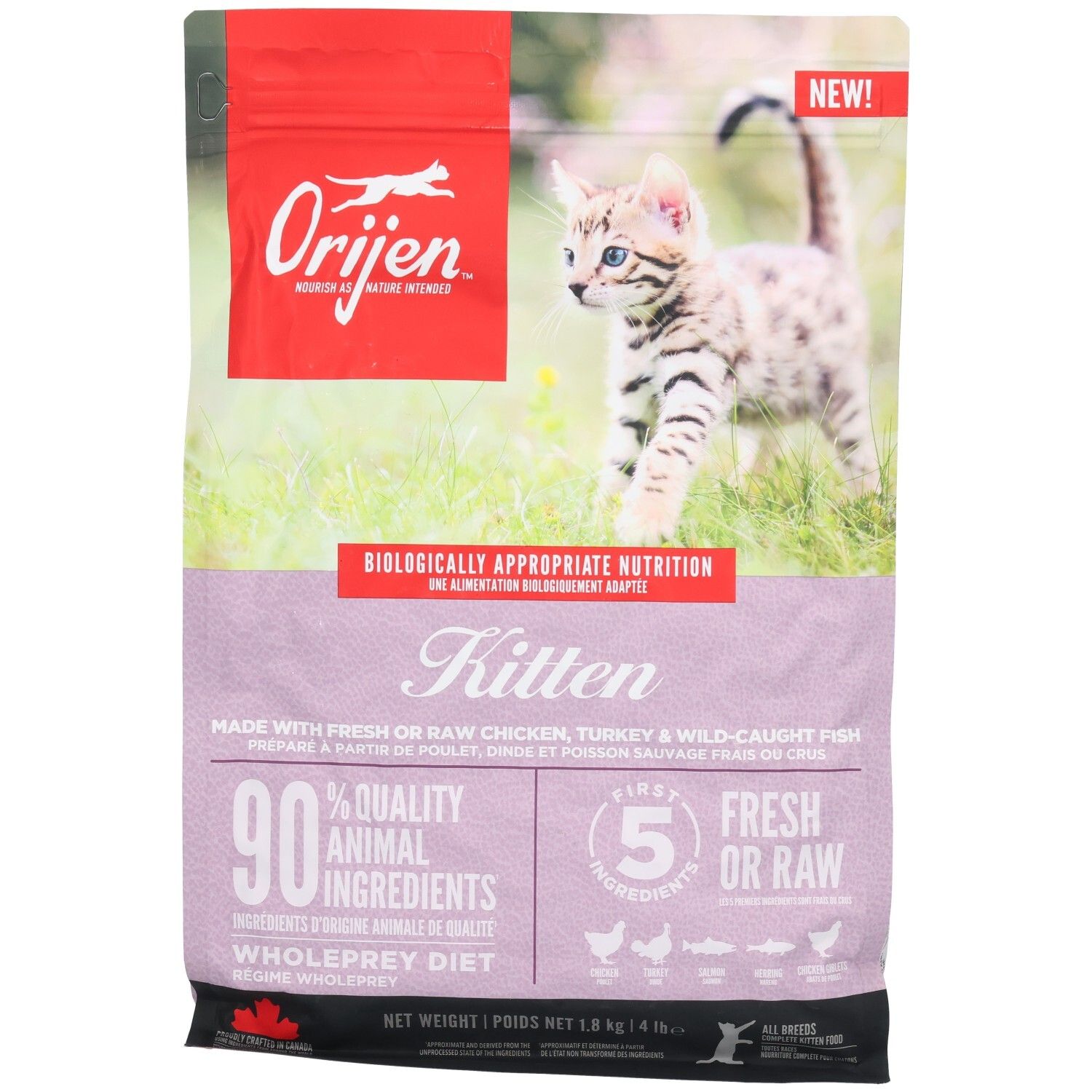 Katzenfutterverpackung. Oben rot mit Logo und Schriftzug. Kitten-Produkt mit 90% tierischen Zutaten. Bild eines Kätzchens auf der Verpackung.