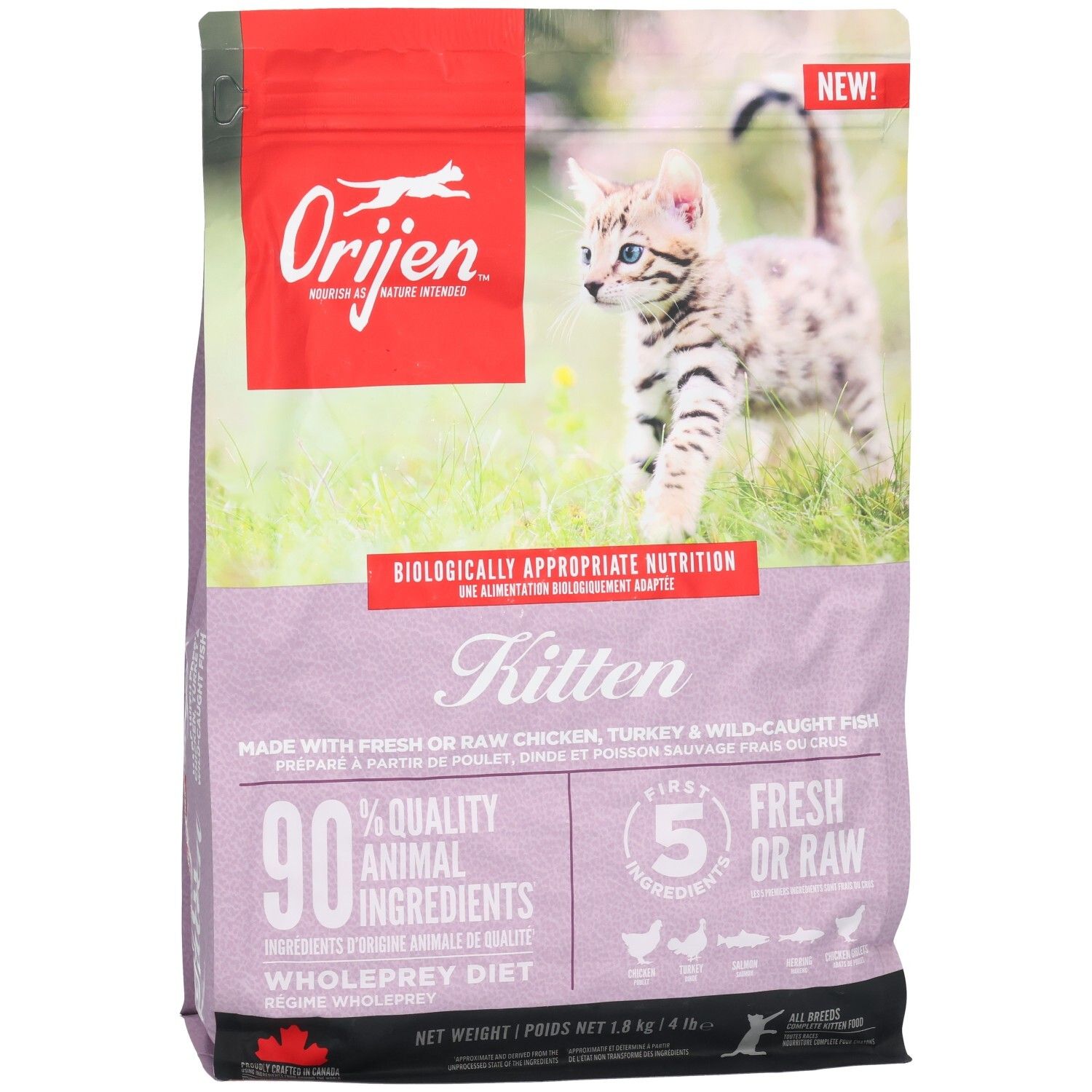 Katzenfutterverpackung. Oben rot mit Logo und Schriftzug. Kitten-Produkt mit 90% tierischen Zutaten. Bild eines Kätzchens auf der Verpackung.