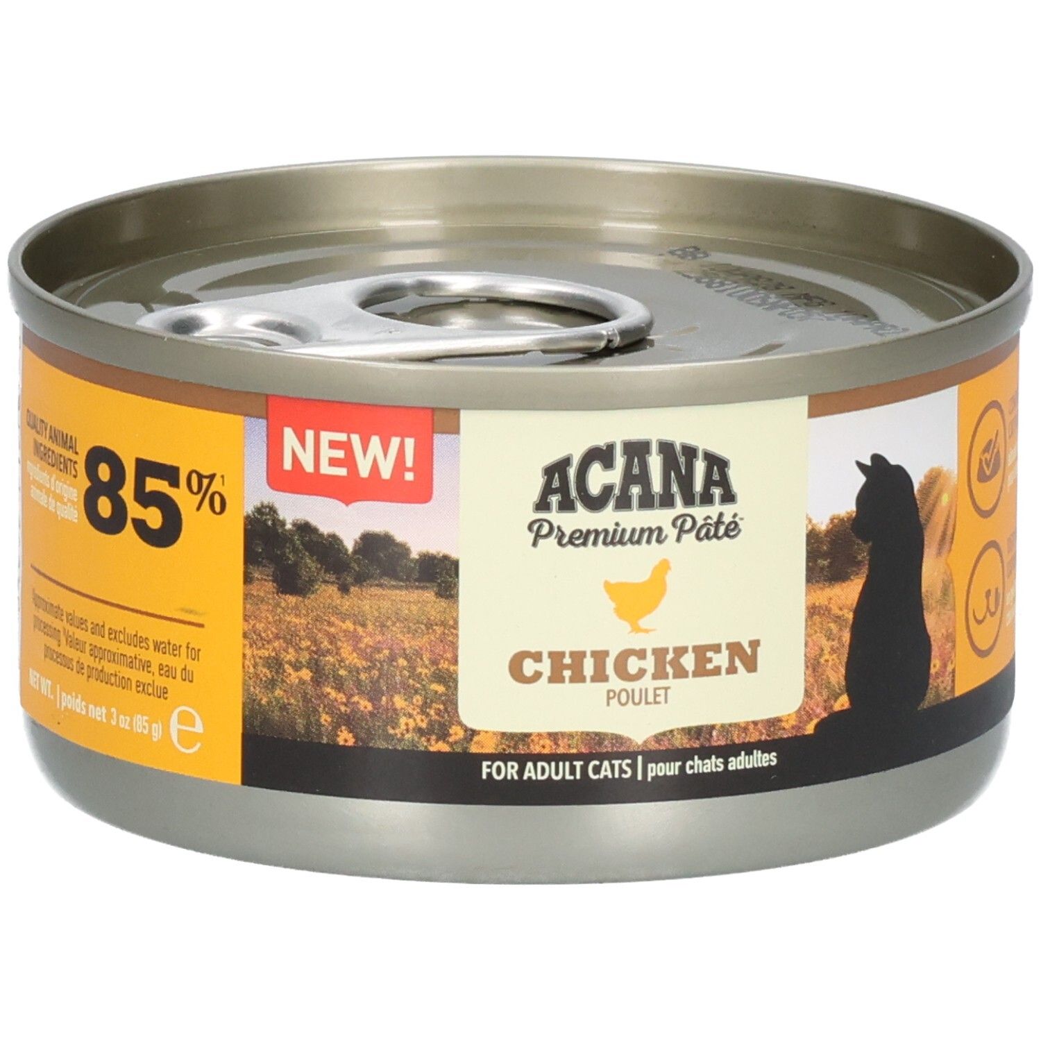 Runde Dose mit ACANA Premium Pâté Chicken. Aufschrift: 85%, NEW! und Chicken. Für ausgewachsene Katzen.