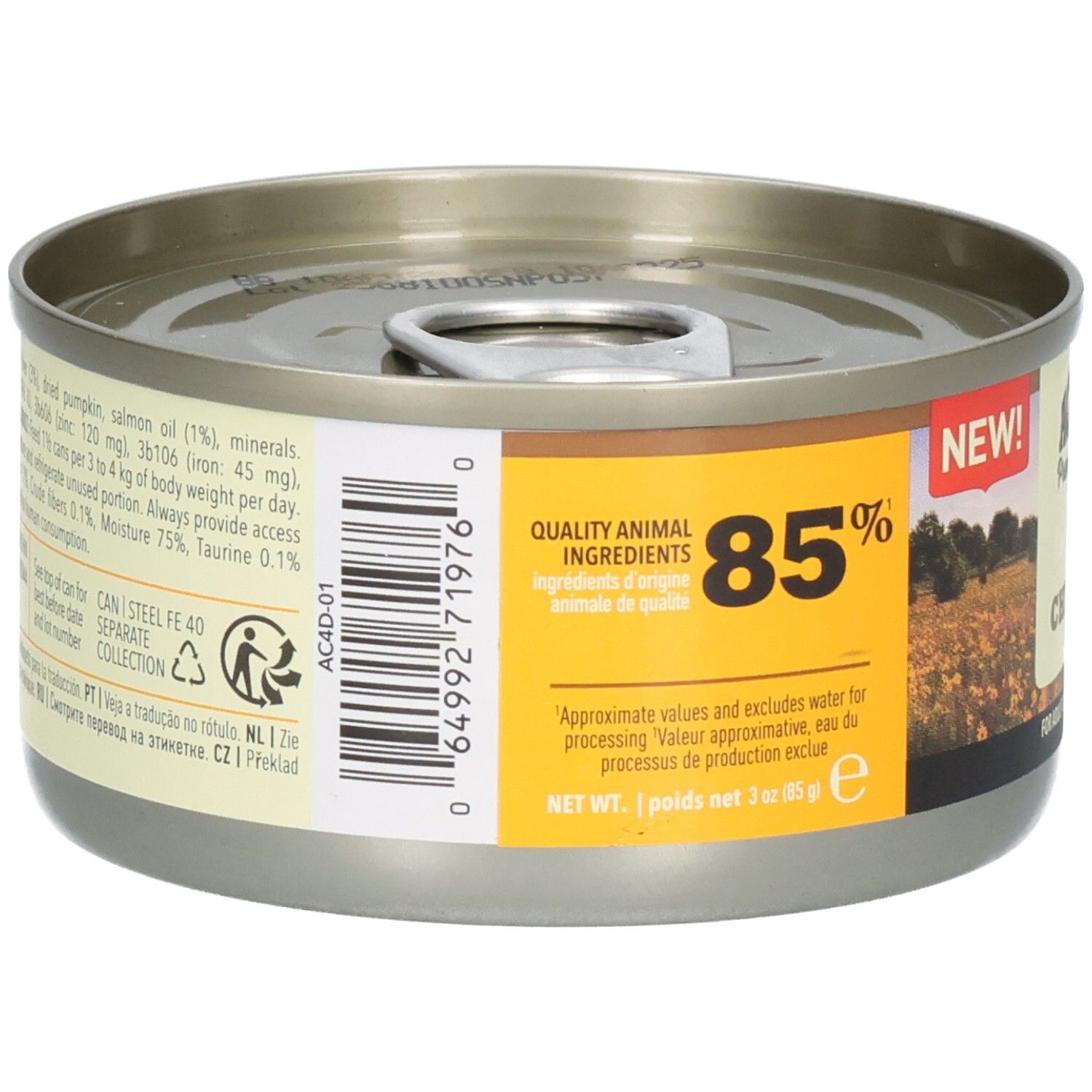 Runde Dose mit ACANA Premium Pâté Chicken. Aufschrift: 85% und Quality Animal Ingredients. Rückseite mit Barcode.
