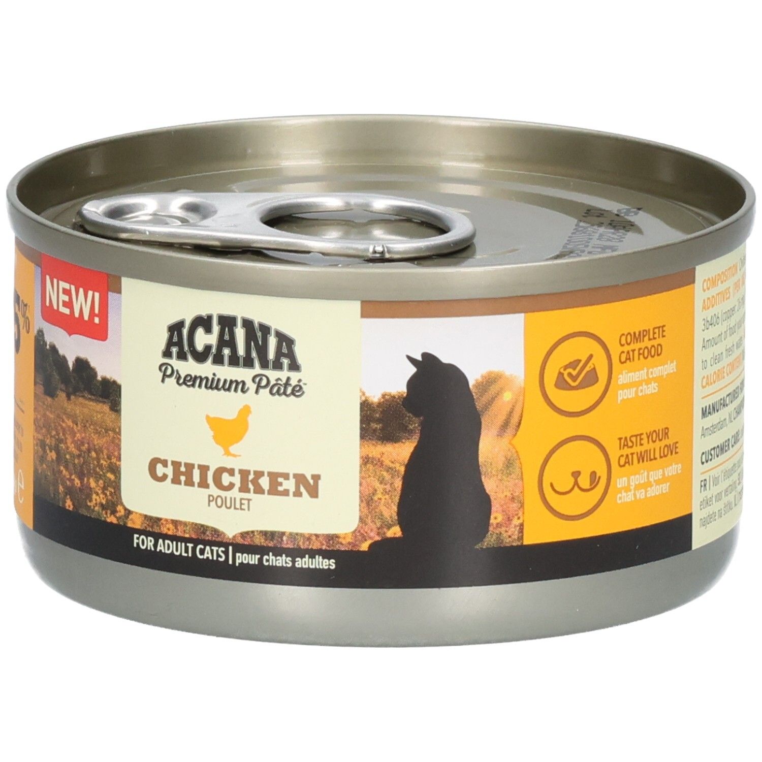 Runde Dose mit ACANA Premium Pâté Chicken. Aufschrift: NEW! und Chicken. Mit Logo und Katze-Silhouette.