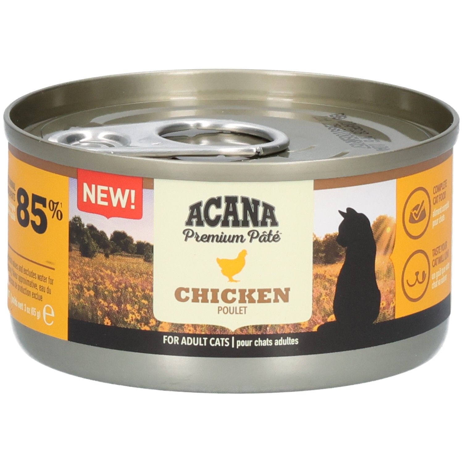 Runde Dose mit ACANA Premium Pâté Chicken. Aufschrift: 85%, NEW! und Chicken. Mit Logo und Katze-Silhouette.