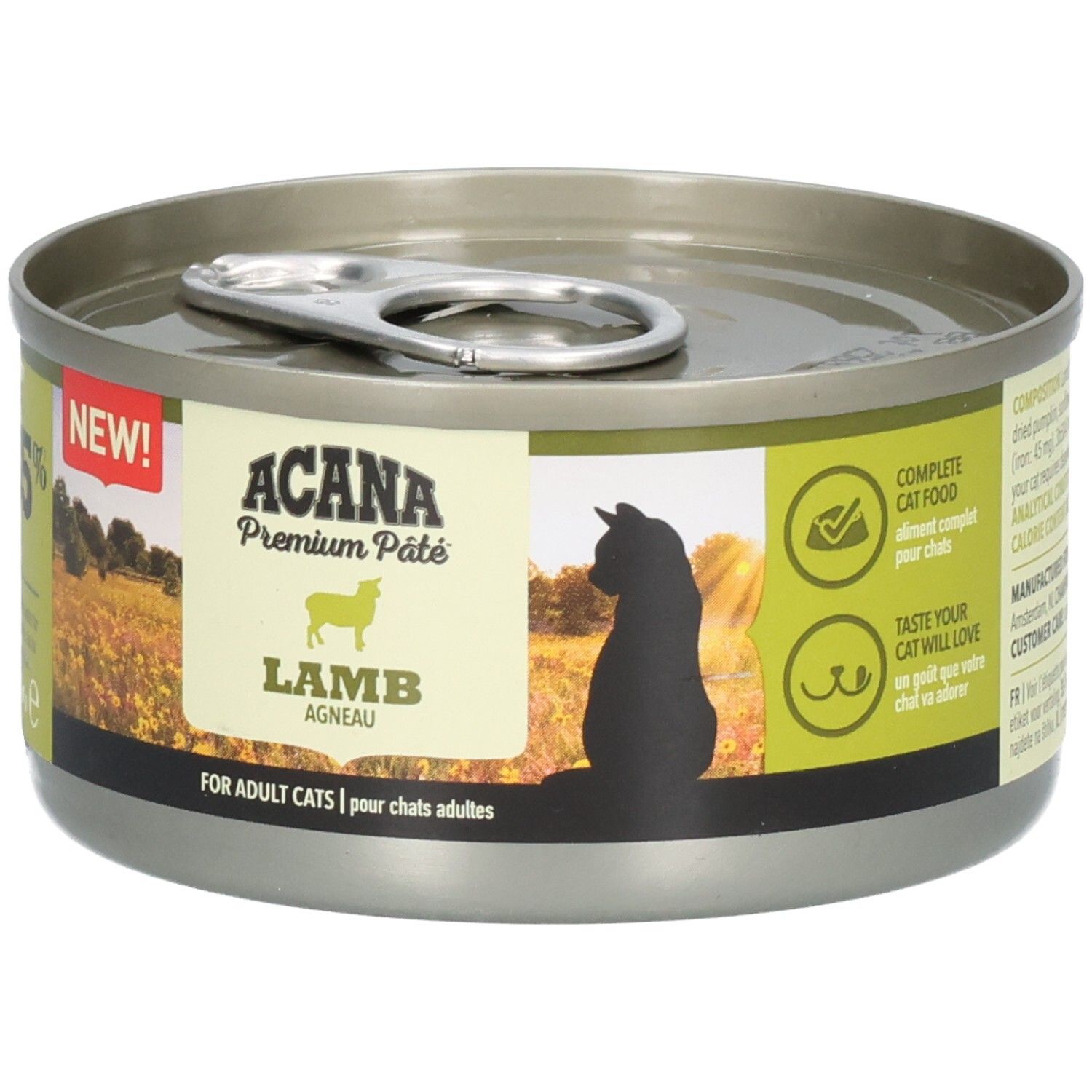 Runde Dose ACANA Premium Pâté, Lamm. Grün-weißes Etikett, "NEW!" und Logo.