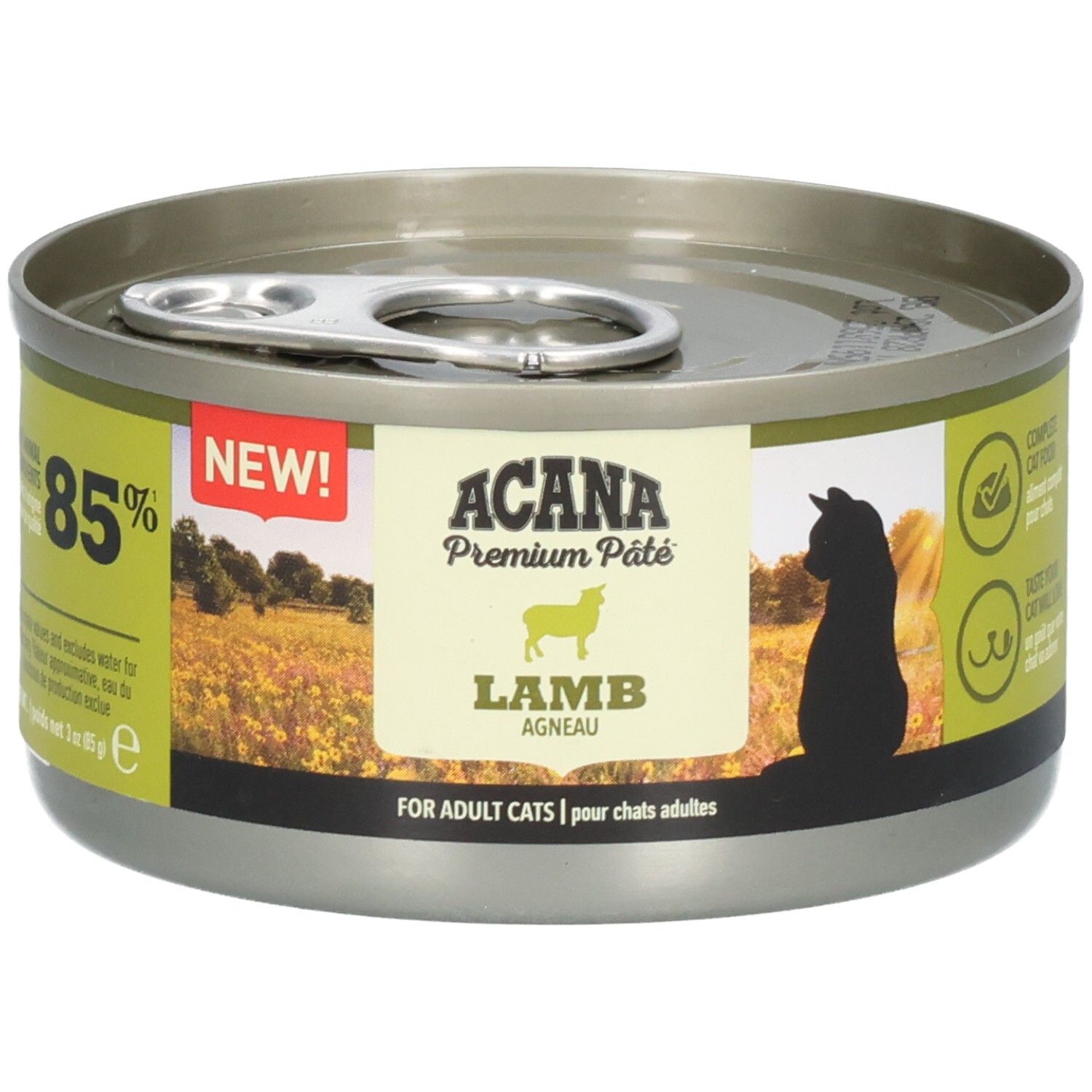 Runde Dose ACANA Premium Pâté, Lamm. Grün-weißes Etikett, 85% und Logo.
