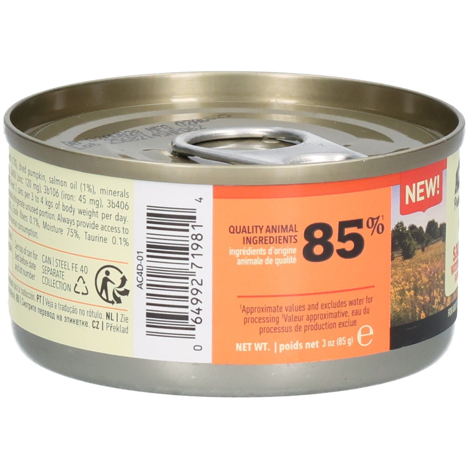 Runde Dose ACANA Premium Pâté. Orangefarbenes Etikett mit Text, Barcode und 85% Angabe.