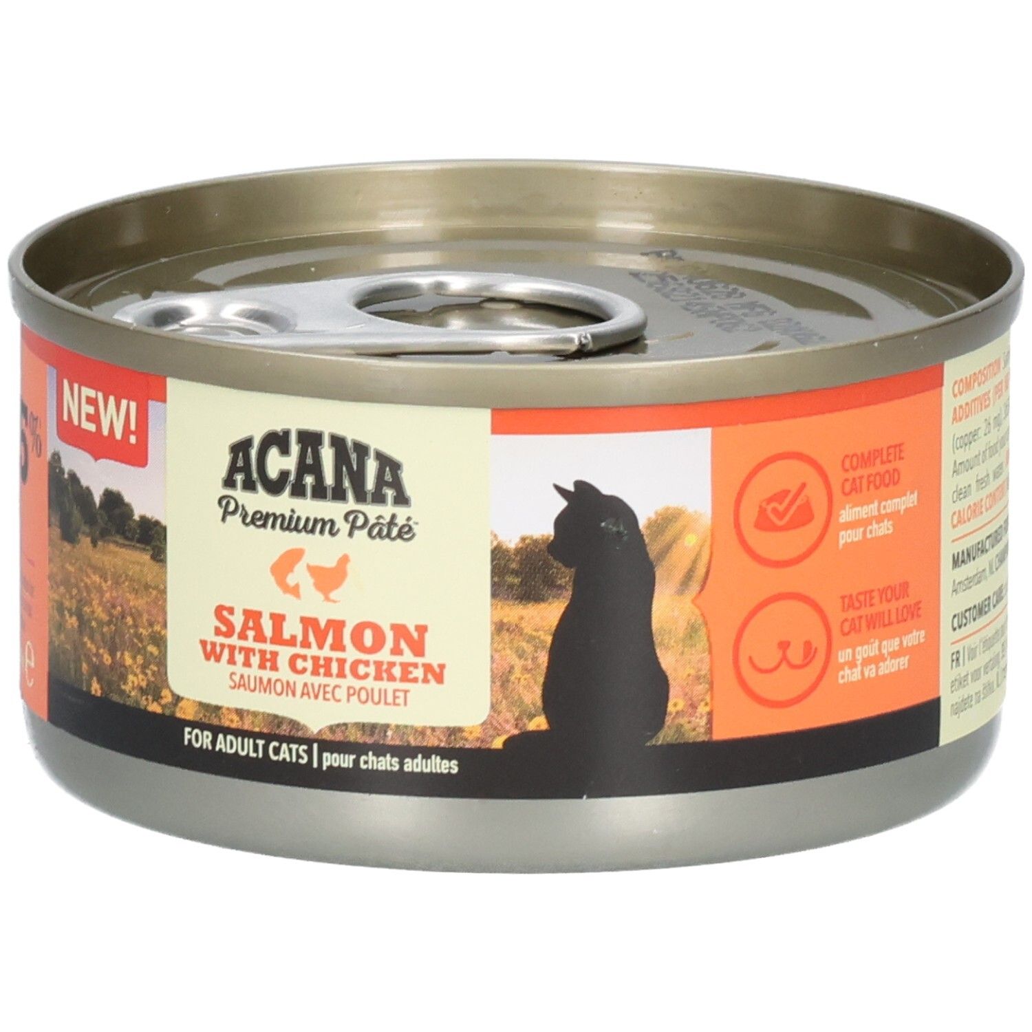Runde Dose ACANA Premium Pâté Lachs & Huhn. Orangefarbene Etiketten mit Text und Katze-Silhouette.