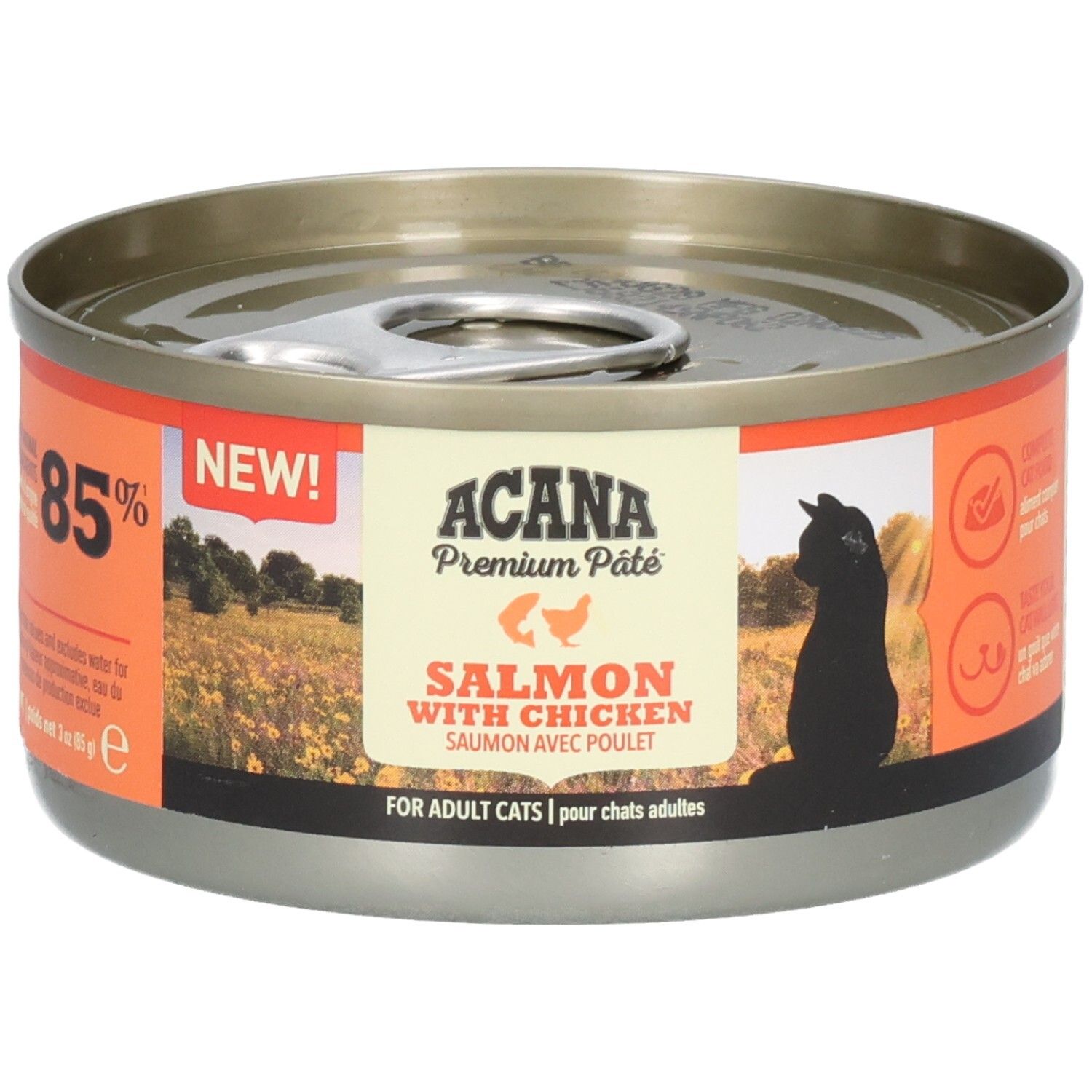 Runde Dose ACANA Premium Pâté Lachs & Huhn. Orangefarbene Etiketten mit Text, 85% und Katze-Silhouette.