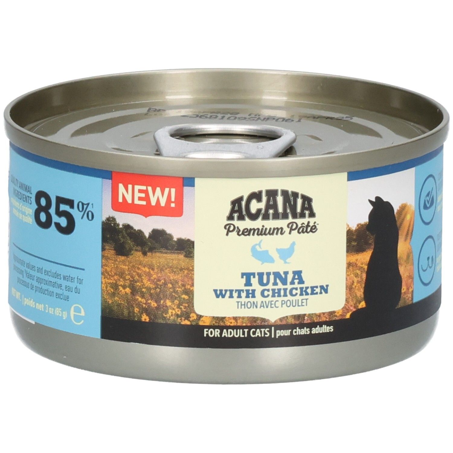 Metall-Dose mit ACANA Premium Pâté. Aufschrift: Tuna with Chicken. 85% Anteil. Für erwachsene Katzen.