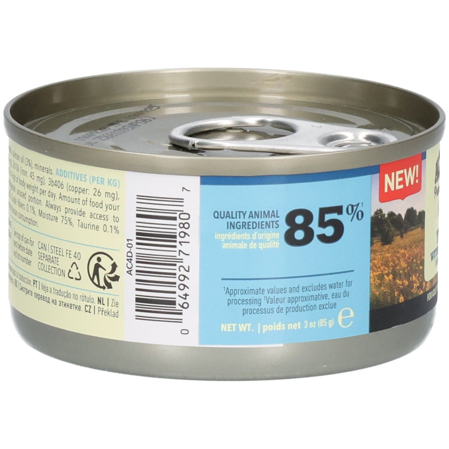 Metall-Dose mit ACANA Premium Pâté. Aufschrift: 85% Anteil. Zutaten. Für Katzenfutter.