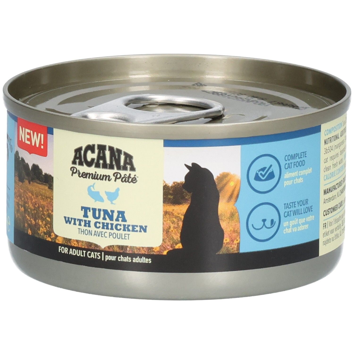 Metall-Dose mit ACANA Premium Pâté. Aufschrift: Tuna with Chicken. Für erwachsene Katzen. Katzen-Silhouette.