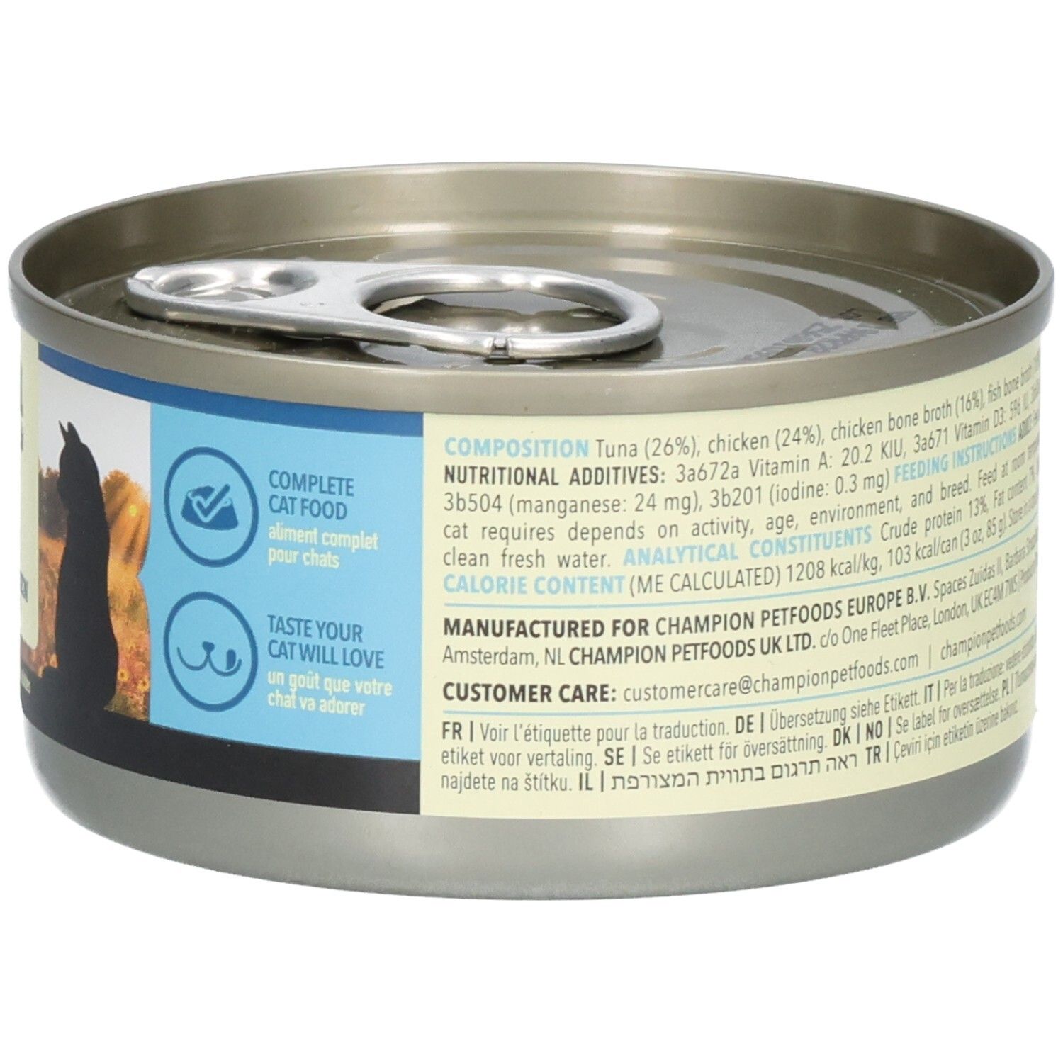Metall-Dose mit ACANA Premium Pâté. Aufschrift: Tuna with Chicken. Für Katzen. Nährwertangaben.