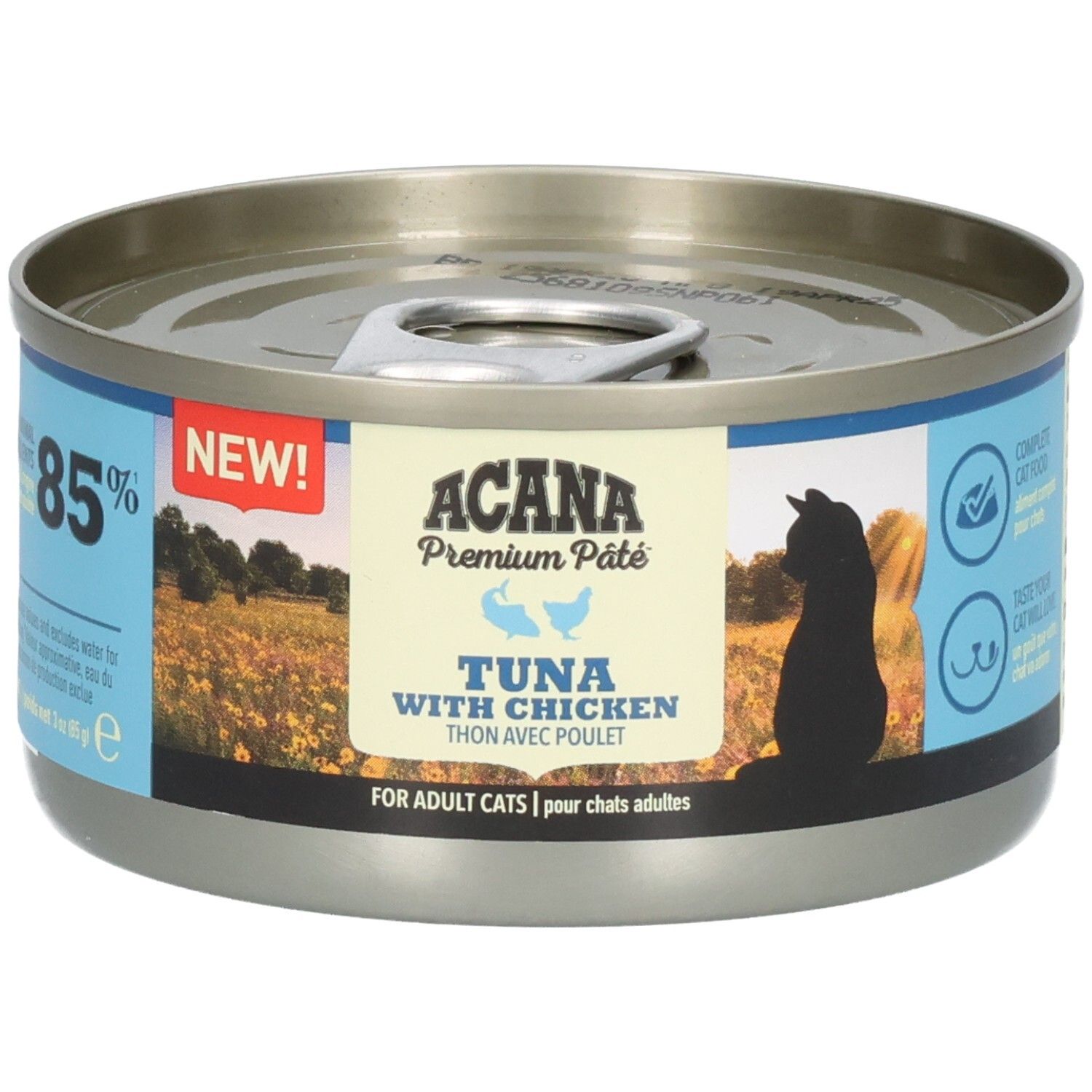 Metall-Dose mit ACANA Premium Pâté. Aufschrift: Tuna with Chicken. 85% Anteil. Für erwachsene Katzen.