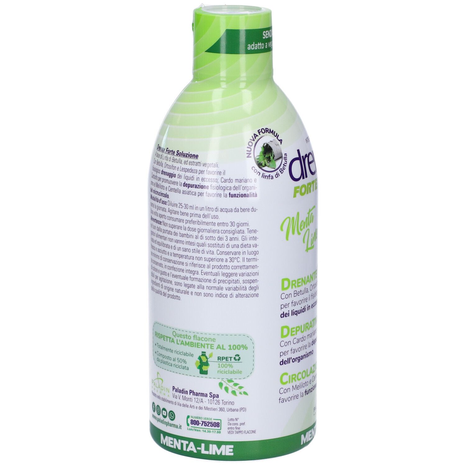 Rückseite der weiß-grünen Flasche. Textinformationen. Logo: Paladin Pharma Spa. Umweltzeichen.