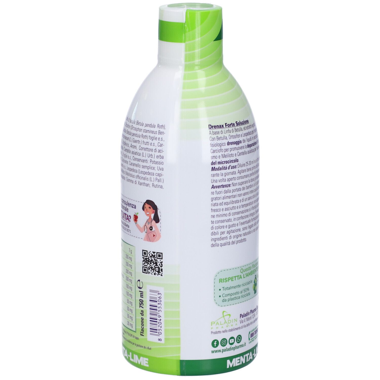 Rückseite der Flasche. Textinformationen. Abbildung einer Frau. QR-Code. Logo: Paladin Pharma Spa.