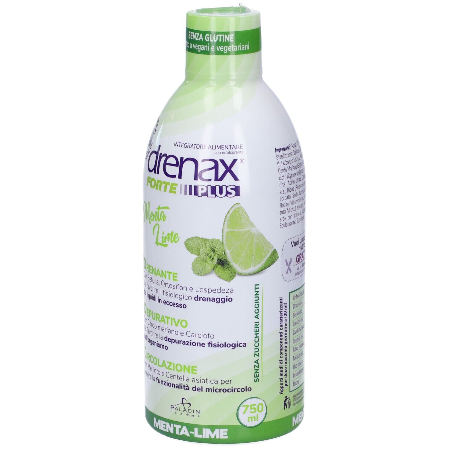 Weiß-grüne Flasche. Aufschrift: Drenax Forte Plus Menta Lime. Abbildung von Limette und Minze. Glutenfrei.