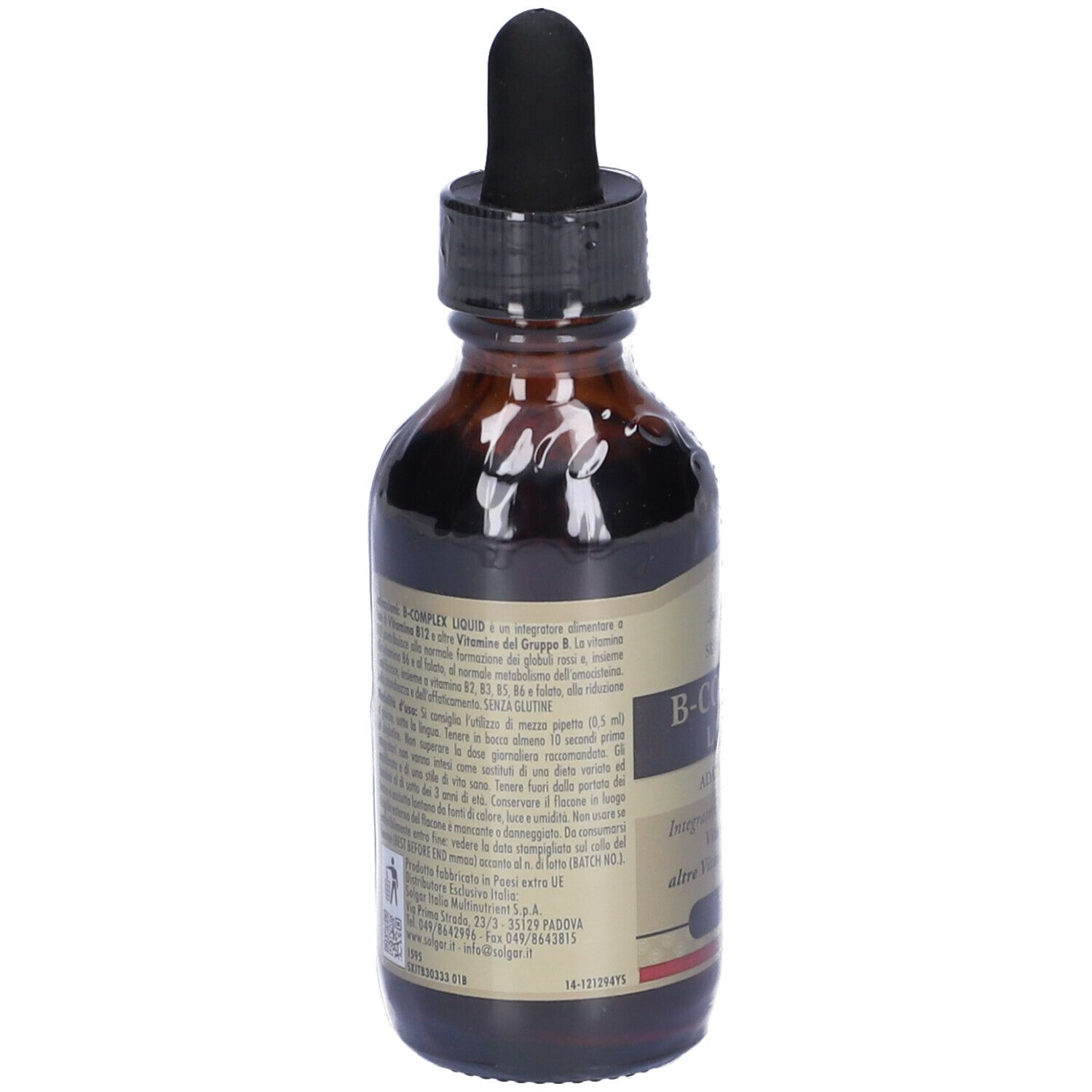 Braune Glasflasche mit schwarzem Deckel und Pipette. Etikett mit Produktnamen B-Complex Liquid und Marke Solgar.