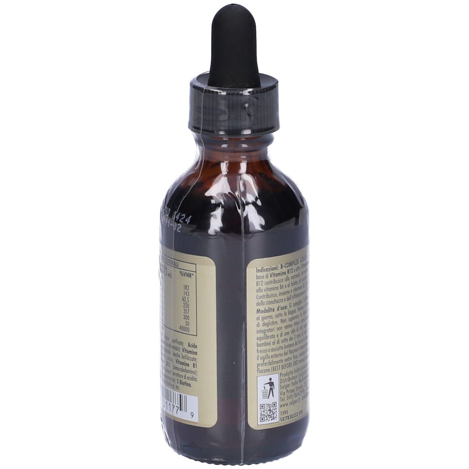 Braune Glasflasche mit schwarzem Deckel und Pipette. Produkt in Folie verpackt. Etikett mit Produktnamen B-Complex Liquid.