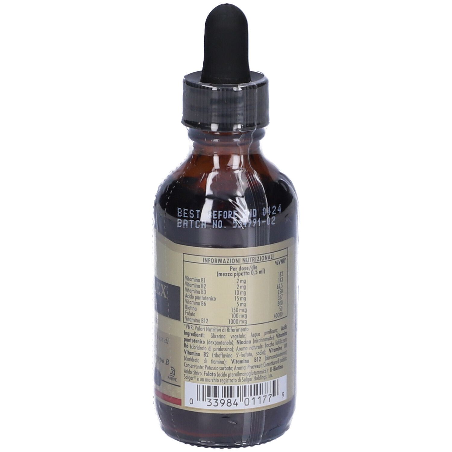 Braune Glasflasche mit schwarzem Deckel und Pipette. Etikett mit Produktinformationen. Marke Solgar.