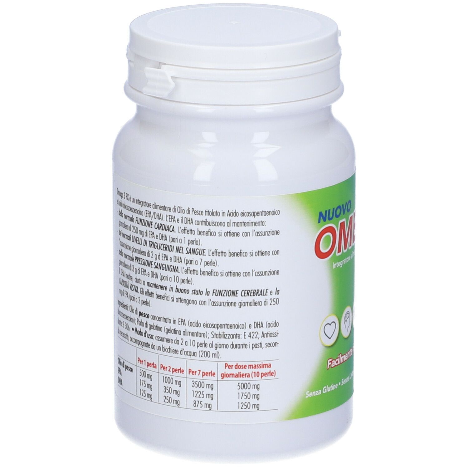 Dos du flacon blanc Omega3 FX. Texte: informations sur les ingrédients et le dosage. Logo: Nuovo Omega3 FX.