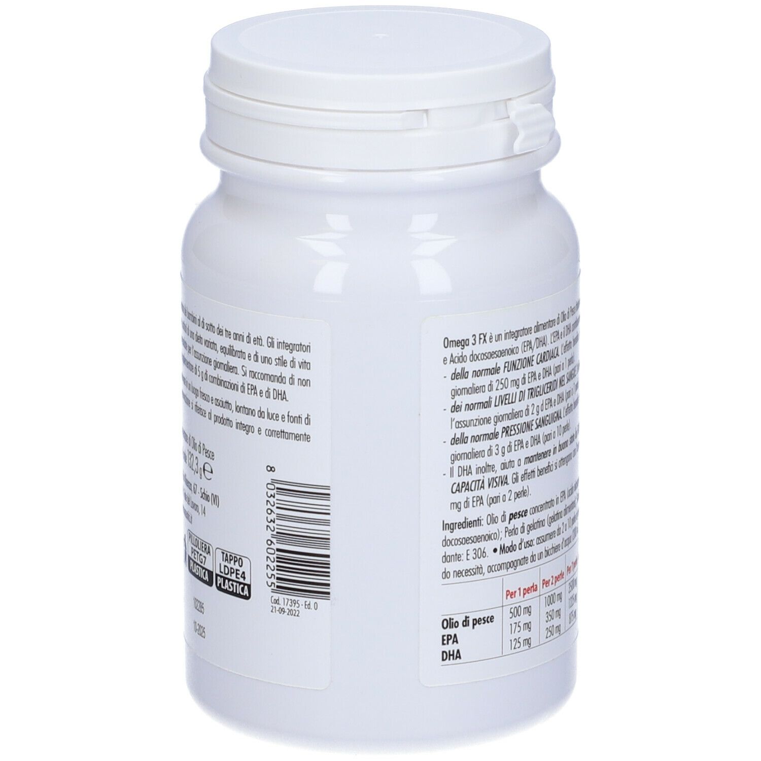 Dos du flacon blanc Omega3 FX. Texte: ingrédients, informations nutritionnelles, numéro de lot et code-barres.