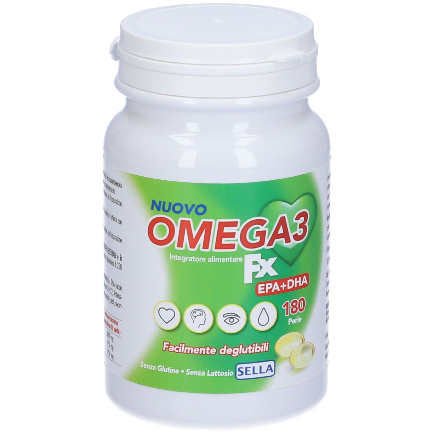 Flacon blanc de gélules Omega3 FX. Inscription: Nuovo Omega3 FX EPA+DHA, 180 perles. Logo: cœur.